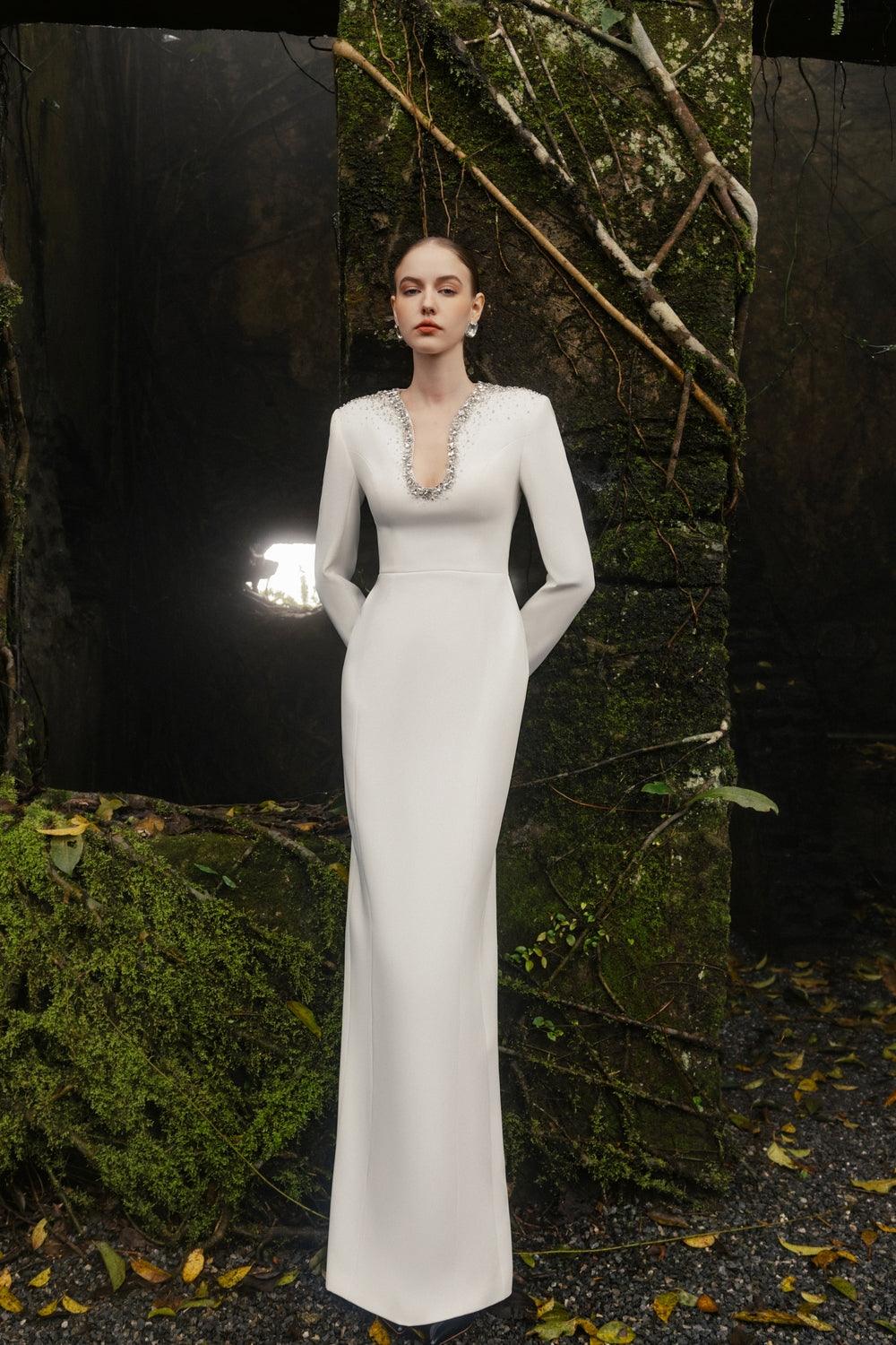 Crystal-Embellished Curved Neck Dress